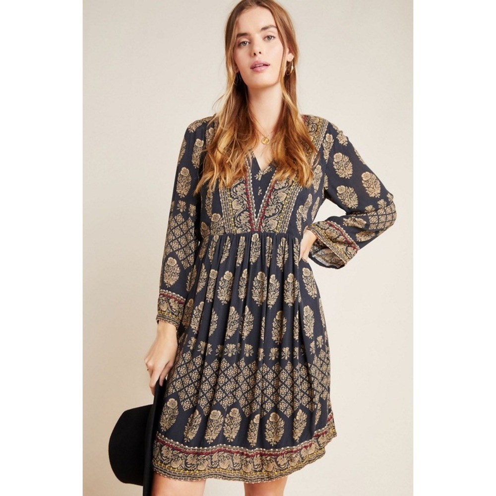 Maeve Anthropologie Avalon Printed Dress Black Tan V-Neck Embroidered Size XS